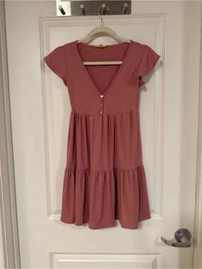 See You Monday Dusty Rose Tiered V-Neck Mini Dress